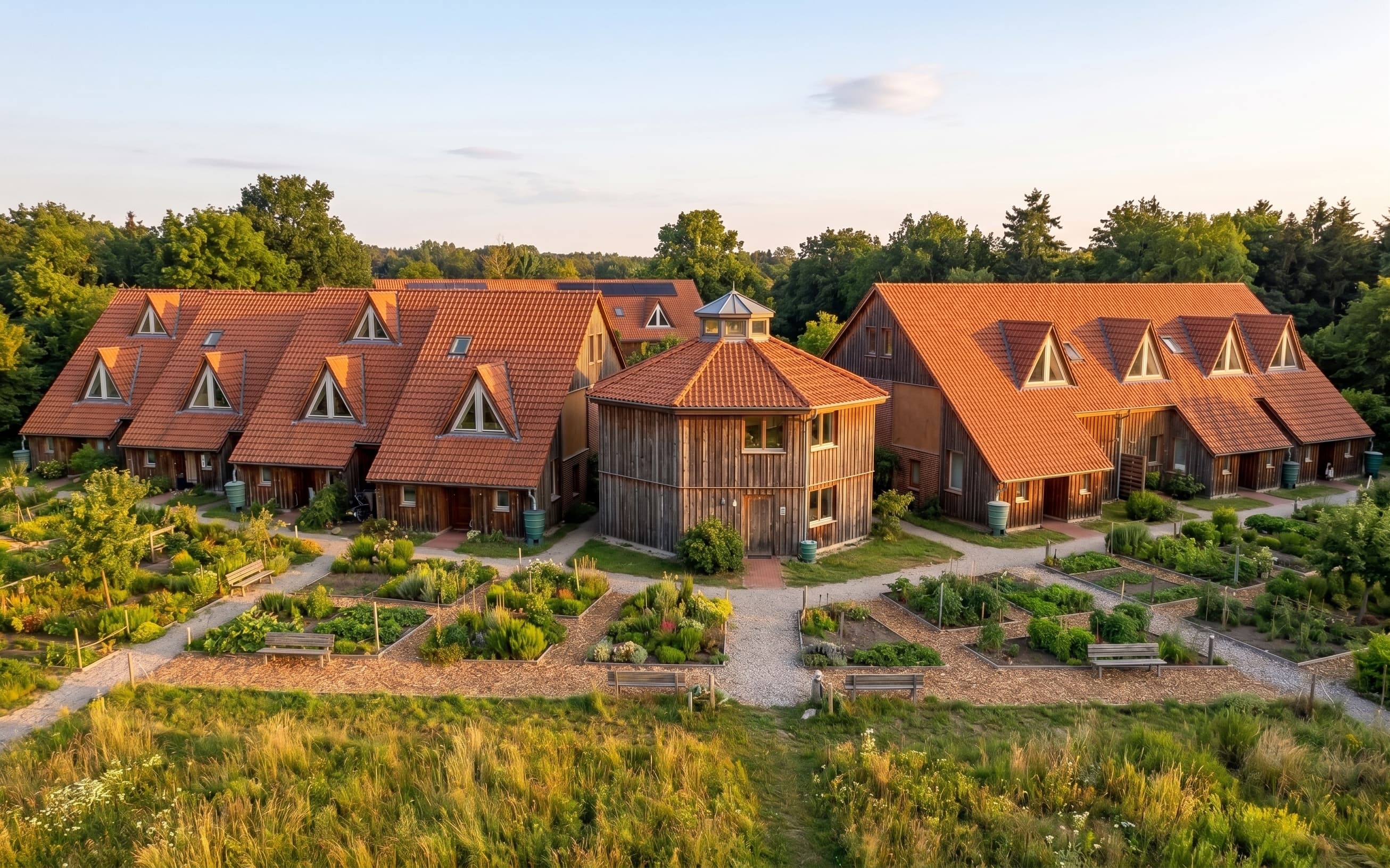 Visualisation of Clever Brise — timber house rows with tiled roofs around the community house
