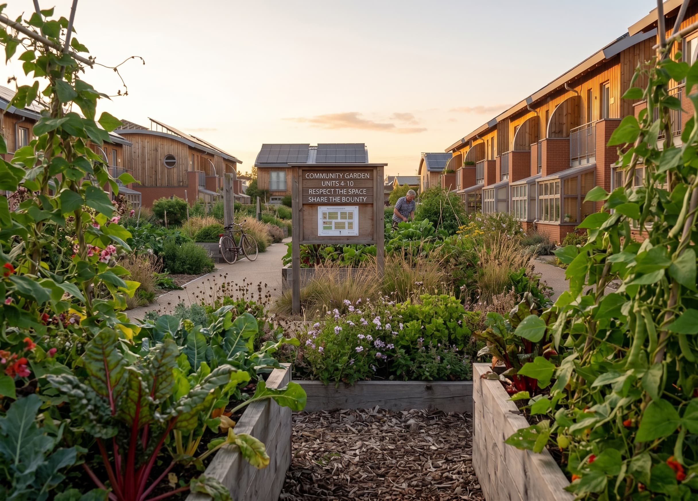 Visualisation — community garden beds on the green between the house rows