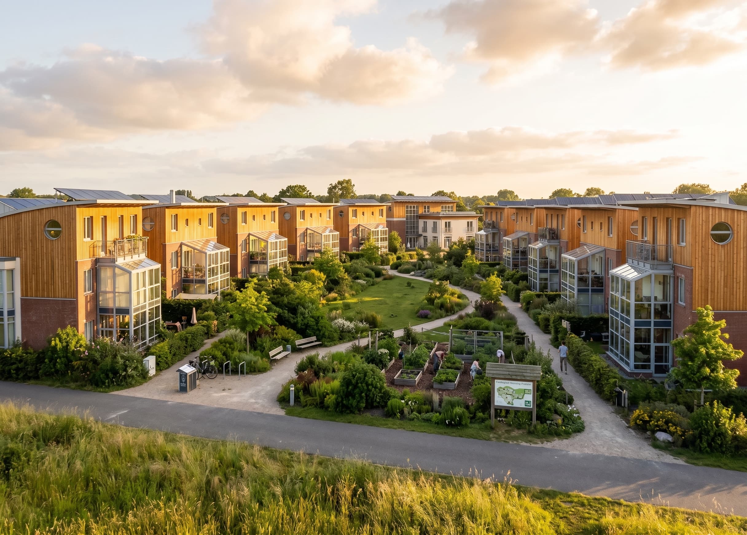 Visualisation of Flintenbreite — timber-clad houses with curved solar roofs around a shared green